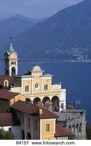 Stock Photo - High angle view of sanctuary, Madonna Del Sasso, Orselina, Locarno, Canton Ticino, Switzerland . Fotosearch