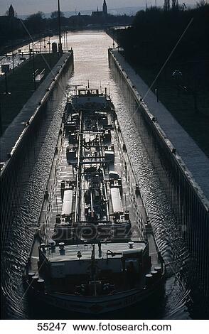 Stock Photo - High angle view of ship in sluice, Main River, Frankfurt, Hessen, Germany . Fotosearch