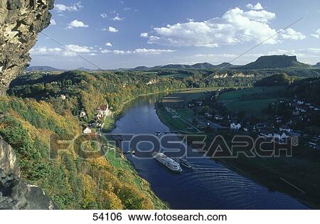Stock Photograph - High angle view of steamboat in river, Elbe River, Saxony, Germany . Fotosearch