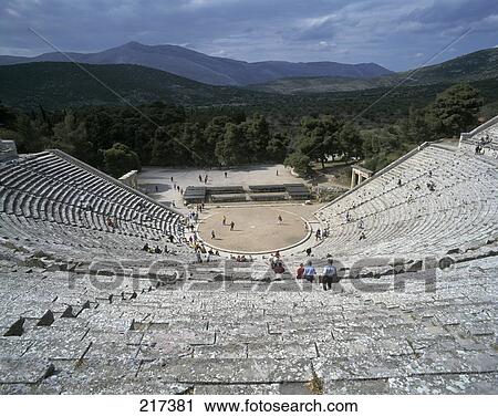 High angle view of tourists in amphitheater, Peloponnese, Greece View Large Photo Image Stock Image - High angle view of tourists in amphitheater, Peloponnese, Greece . Fotosearch