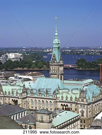 High angle view of town hall, Alster River, Hamburg, Germany View Large Photo Image Stock Photography - High angle view of town hall, Alster River, Hamburg, Germany . Fotosearch