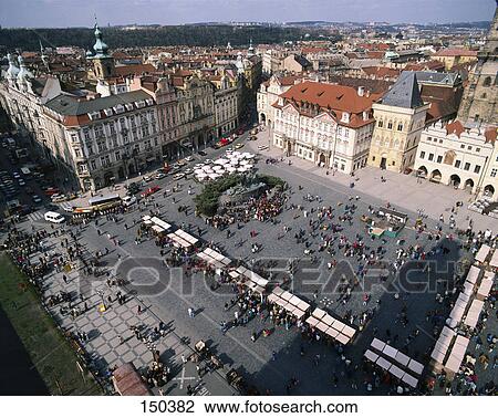 High angle view of town square market, Prague, Czech Republic View Large Photo Image Stock Image - High angle view of town square market, Prague, Czech Republic . Fotosearch