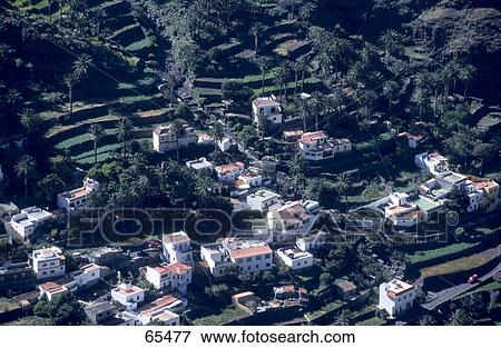 Stock Photo - High angle view of town, Valle Gran Rey, La Gomera, Canary Islands, Spain . Fotosearch