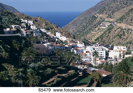Stock Photo - High angle view of village in valley, Vallehermoso, Canay Islands, Spain . Fotosearch