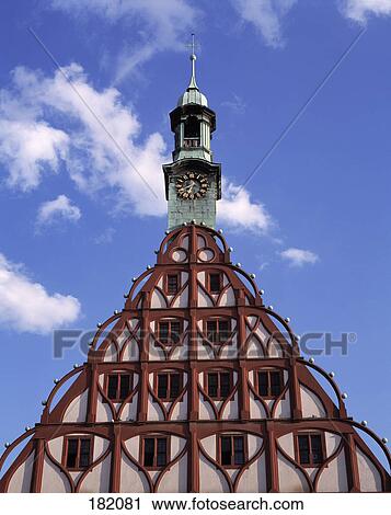 Stock Image - High section view of clock tower, Saxony, Germany . Fotosearch