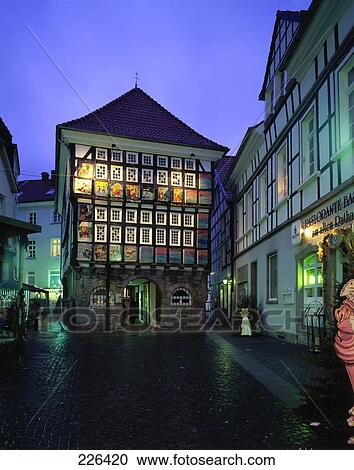Stock Image - Houses lit up at night, Hattingen, Ennepe-Ruhr-Kreis, North Rhine-Westphalia, Germany . Fotosearch