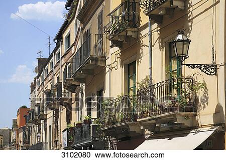 Houses with balconies, Taormina, Sicily, Italy  View Large Photo Image Stock Image - Houses with balconies, Taormina, Sicily, Italy . Fotosearch
