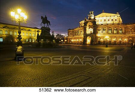 Stock Image - King John monument at night, Semper Opera House, Dresden, Saxony, Germany . Fotosearch