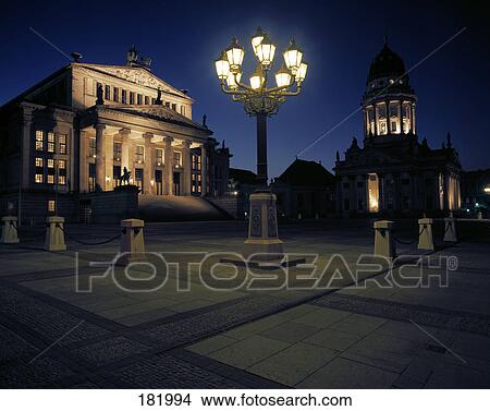 Picture - Lamp post in front of theatre, Former Schauspielhaus Theatre and the French Church, Gendarmenmark, Berlin, Germany . Fotosearch