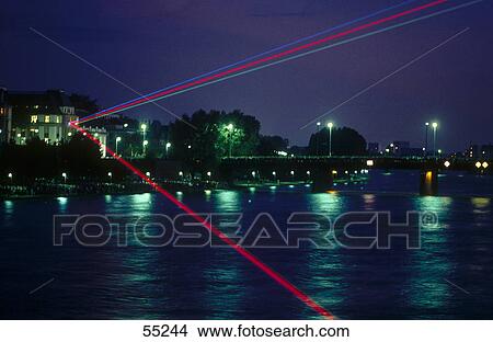 Laser show rays over river, Main River, Frankfurt, Germany View Large Photo Image Picture - Laser show rays over river, Main River, Frankfurt, Germany . Fotosearch
