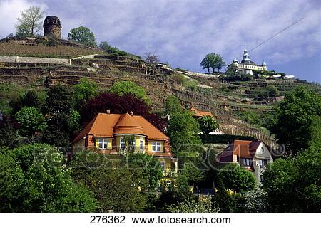 Stock Image - Low angle view of bismarckturm and spitzhaus on hill, Radebeul, Dresden, Saxony, Germany . Fotosearch