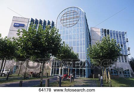 Stock Photo - Low angle view of broadcasting institution building, WDR Building, Duesseldorf, North Rhine-Westphalia, Germany . Fotosearch
