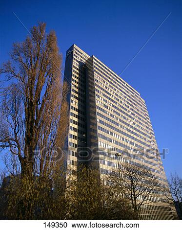 Stock Image - Low angle view of building against blue sky, Düsseldorf, North Rhine Westphalia, Germany . Fotosearch