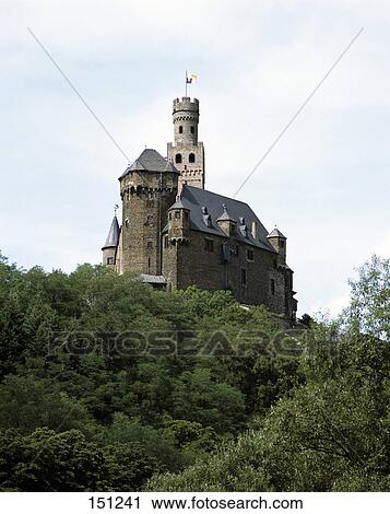 Low angle view of castle on hill, Marksburg Castle, Rhine River, Braubach, Nassau, Rhineland-Palatinate, Germany View Large Photo Image Stock Image - Low angle view of castle on hill, Marksburg Castle, Rhine River, Braubach, Nassau, Rhineland-Palatinate, Germany . Fotosearch