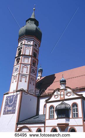 Stock Photography - Low angle view of church tower, Andechs Abbey, Ammersee, Landkreis of Starnberg, Bavaria, Germany . Fotosearch