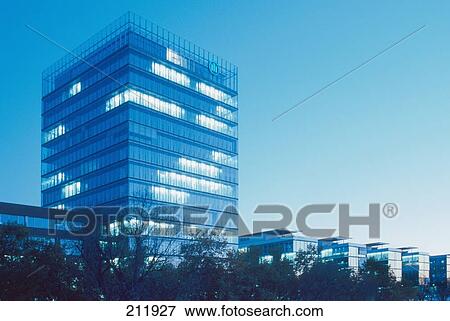 Stock Photo - Low angle view of office building, Allianz Building, Frankfurt, Hesse, Germany . Fotosearch