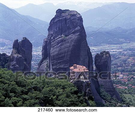 Meteora monastery on rock, Thessalien, Greece, low angle view View Large Photo Image Stock Image - Meteora monastery on rock, Thessalien, Greece, low angle view . Fotosearch