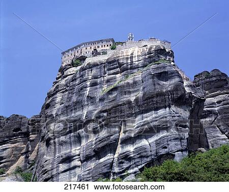 Meteora monastery on rock, Thessalien, Greece, low angle view View Large Photo Image Stock Image - Meteora monastery on rock, Thessalien, Greece, low angle view . Fotosearch