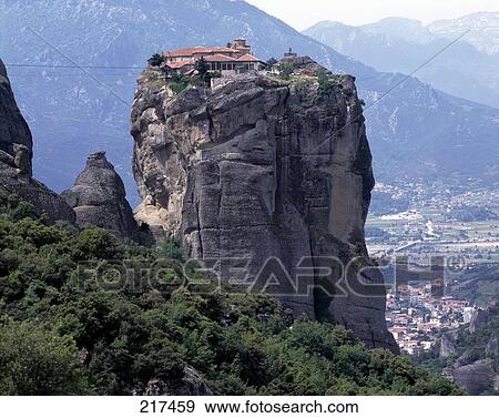 Stock Photo - Meteora monastery on rock, Thessalien, Greece, low angle view . Fotosearch