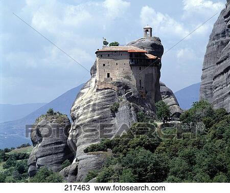 Stock Image - Monastery on hill, Agios Nikolaos Anapafsas Monastery, Meteora, Thessaly, Greece . Fotosearch