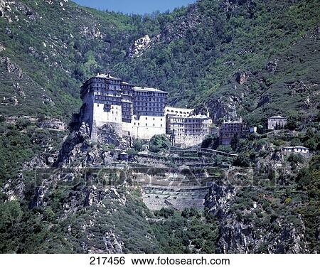 Stock Photograph - Monastery on hill, Simonos Petra Monastery, Mount Athos, Chalkidiki, Central Macedonia, Greece . Fotosearch