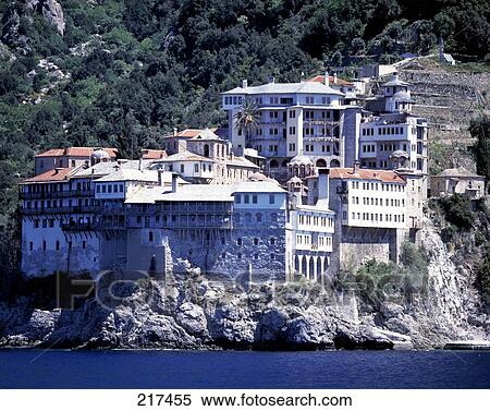 Monastery on hill, St. Gregorios Monastery, Mount Athos, Chalkidiki, Central Macedonia, Greece View Large Photo Image Stock Photography - Monastery on hill, St. Gregorios Monastery, Mount Athos, Chalkidiki, Central Macedonia, Greece . Fotosearch