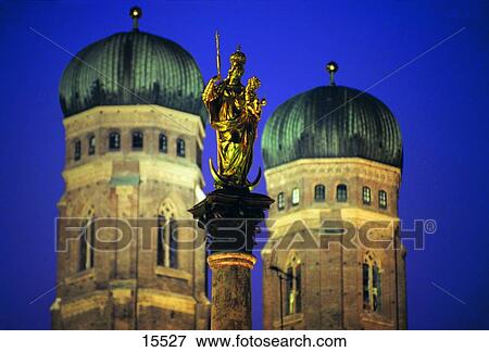 Stock Photo - Monument in front of church, St. Marys Column, Munich Frauenkirche, Munich, Bavaria, Germany . Fotosearch