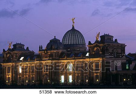 Stock Photo - Museum lit up at dusk, Elbe River, Albertinum Museum, Dresden, Saxony, Germany . Fotosearch