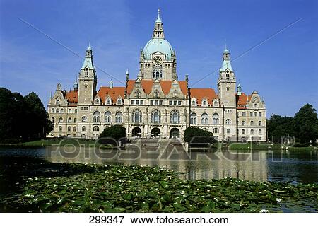 Stock Photo - New town hall building at waterfront, Neues Rathaus, Maschsee Lake, Lower Saxony, Germany . Fotosearch
