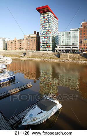 Stock Photo - Office buildings at waterfront, Rhine River, Media Harbour, Dusseldorf, North Rhine-Westphalia, Germany . Fotosearch