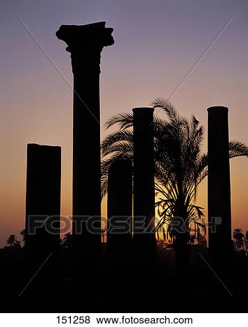 Stock Photo - Old ruins of pillats at sunset, Hermopolis, Mallawi, Egypt . Fotosearch