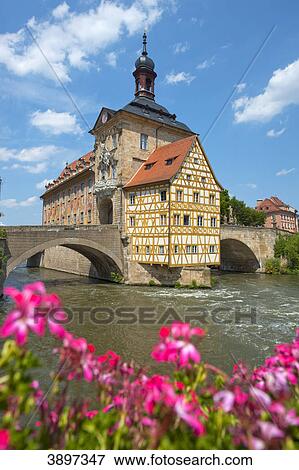 Stock Photo - Old town hall on an island above the Regnitz, Bamberg, Germany . Fotosearch