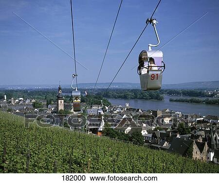 Stock Image - Overhead cable car over valley, Rhine Valley, Germany . Fotosearch