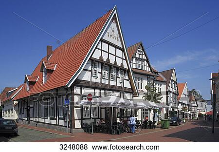 Pedestrian area with timber framed houses, Quakenbrueck, Germany View Large Photo Image Stock Photo - Pedestrian area with timber framed houses, Quakenbrueck, Germany . Fotosearch