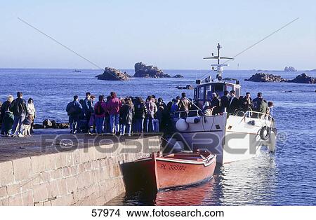 Picture - People boarding ship, Isle Island, Ile De Brehat, Brittany, France . Fotosearch