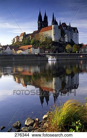 Picture - Reflection of castle and church in water, Albrechtsburg Castle, Meissen Cathedral, Elbe River, Saxony, Germany . Fotosearch