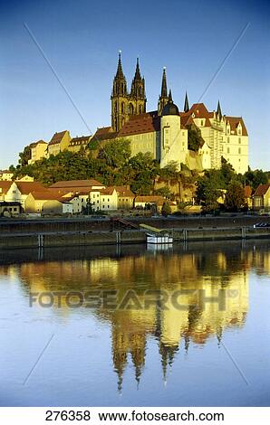 Reflection of castle and church in water, Albrechtsburg Castle, Meissen Cathedral, Elbe River, Saxony, Germany View Large Photo Image Stock Photo - Reflection of castle and church in water, Albrechtsburg Castle, Meissen Cathedral, Elbe River, Saxony, Germany . Fotosearch