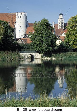 Reflection of castle in water, Danube River, Bavaria, Germany View Large Photo Image Stock Photography - Reflection of castle in water, Danube River, Bavaria, Germany . Fotosearch