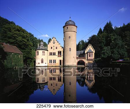 Stock Photo - Reflection of castle in water, Mespelbrunn Castle, Mespelbrunn, Aschaffenburg District, Bavaria, Germany . Fotosearch