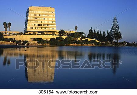 Picture - Reflection of hotel in water, Beacon Island Hotel, Plettenberg Bay, Western Cape, South Africa . Fotosearch