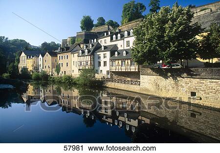 Reflection of houses in water, Alzette River, Luxembourg City, Luxembourg View Large Photo Image Stock Image - Reflection of houses in water, Alzette River, Luxembourg City, Luxembourg . Fotosearch