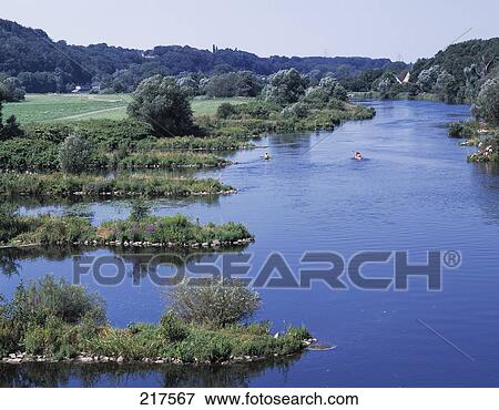 Stock Photo - Rive flowing through the landscape, Ruhr, Germany . Fotosearch