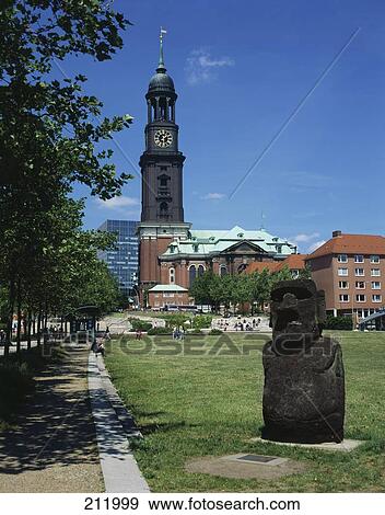 Sculpture in front of church, St Michaelis Michel Park, Hamburg, Germany View Large Photo Image Stock Photo - Sculpture in front of church, St Michaelis Michel Park, Hamburg, Germany . Fotosearch