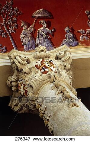 Stock Photo - Sculptures carved on wall of palace, Pillnitz Palace, Dresden, Saxony, Germany . Fotosearch