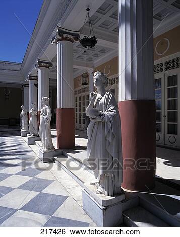 Stock Photograph - Sculptures in courtyard of palace, Achillion Palace, Corfu, Greece . Fotosearch