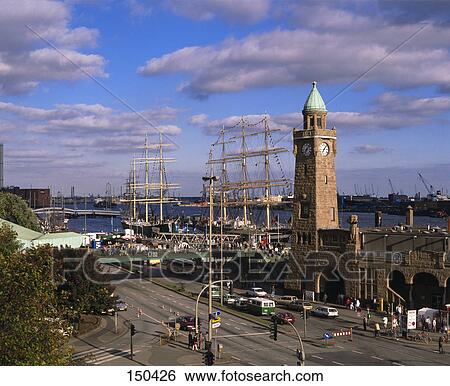 Ship at harbor near clock tower, Port. St. Pauli, Hamburg, Germany View Large Photo Image Stock Photograph - Ship at harbor near clock tower, Port. St. Pauli, Hamburg, Germany . Fotosearch