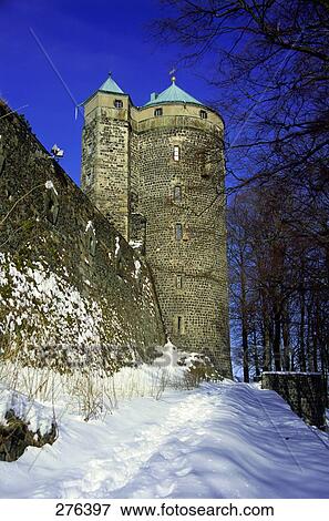 Stock Photo - Snowy path leading to castle, Stolpen Castle, Sachsische Schweiz, Saxony, Germany . Fotosearch