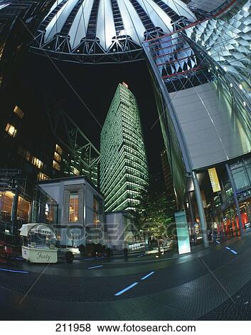 Sony center illuminated at night, Potsdamer Platz, Berlin, Germany View Large Photo Image Stock Photo - Sony center illuminated at night, Potsdamer Platz, Berlin, Germany . Fotosearch