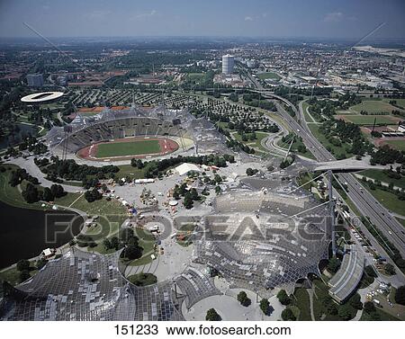 Stock Image - Stadium in city viewed from Olympic Tower, Olympic Park, Munich, Bavaria, Germany . Fotosearch