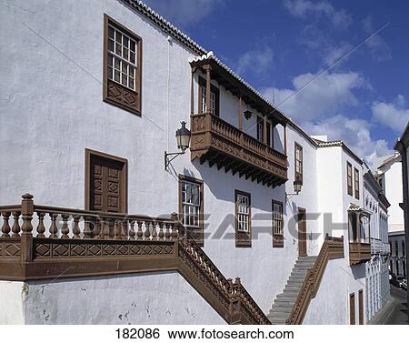Stock Photograph - Stairs in front of houses in street, La Palma, Canary Islands, Spain . Fotosearch